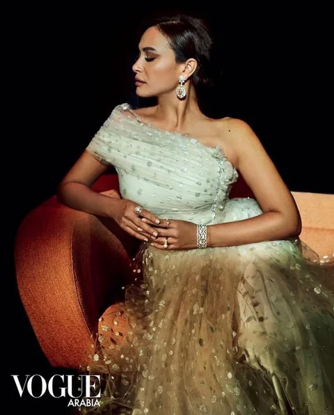 Vogue Arabia editorial cover — couture beauty in sage and gold by Aya Abdelhamid